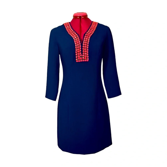 Lilly Pulitzer Dresses & Skirts - Lilly Pulitzer "Bennett" navy coral lined fitted dress  with beaded neckline